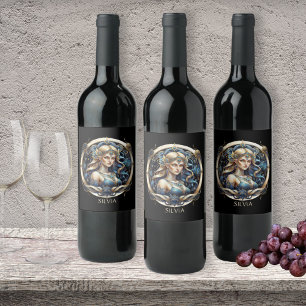 Guld Blue Virgin Typography Astrology Symbol Våg Vinflaska Etikett