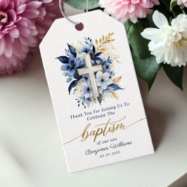 Guld & Blue Watercolor Blommigt Boy Baptism Presentetikett