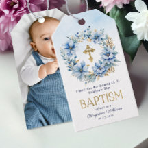 Guld & Blue Watercolor Blommigt Photo Boy Baptism