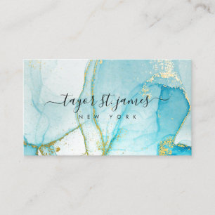 Guld Blue Watercolor Calligraphy Painting Splatter Visitkort
