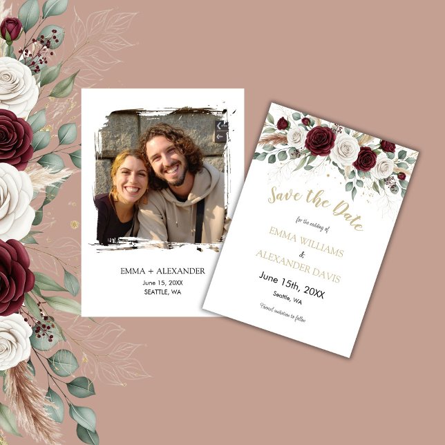 Guld Blush Blommig Foto Spara Datum Kort (Burgundy Blush Floral Gold Wedding Save the Date)