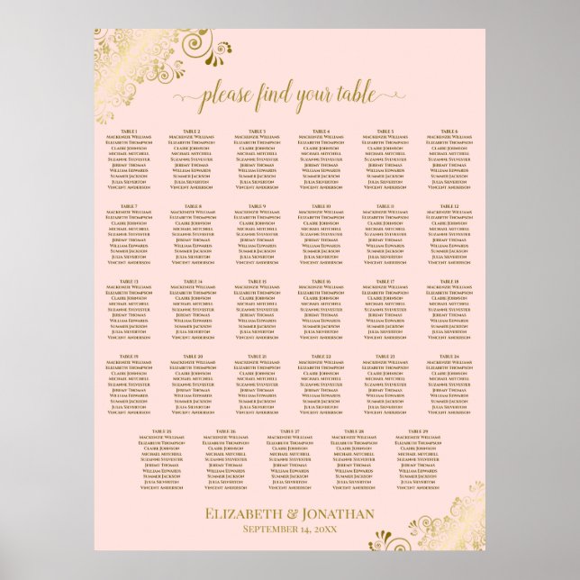 Guld & Blush Rosa 29 Bord Bröllops Placeringsplan Poster (Framsidan)