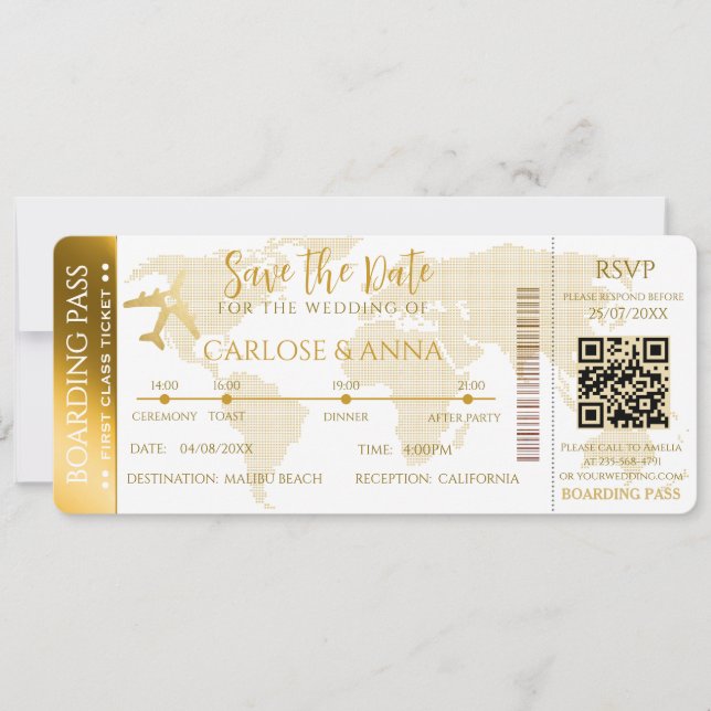 Guld Boarding Pass Destination Bröllop QR-kod Inbjudningar (Framsida)