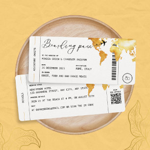 Guld Boarding Pass Destinationsbröllop QR-kod Inbjudningar