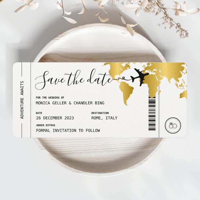 GULD-boardingkortsresor Spara datum Bröllop Inbjudningar (Gold Boarding Pass Save the Date)