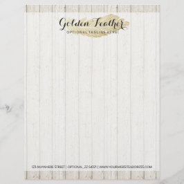 Guld Bohemian Feather på Rustic Wood Boards Brevhuvud