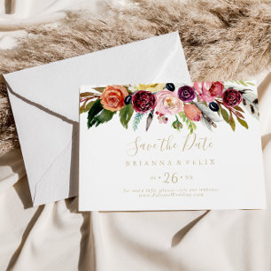 Guld Boho Blommigt Vågrät Bröllop spara datum Datumet