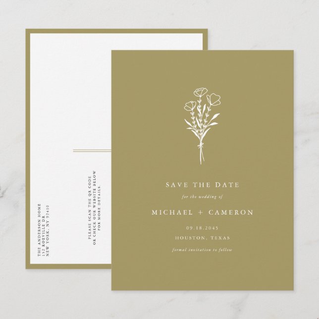 Guld Boho Botaniskt QR-nummer Spara datum Meddelande Vykort (Fram/baksida)