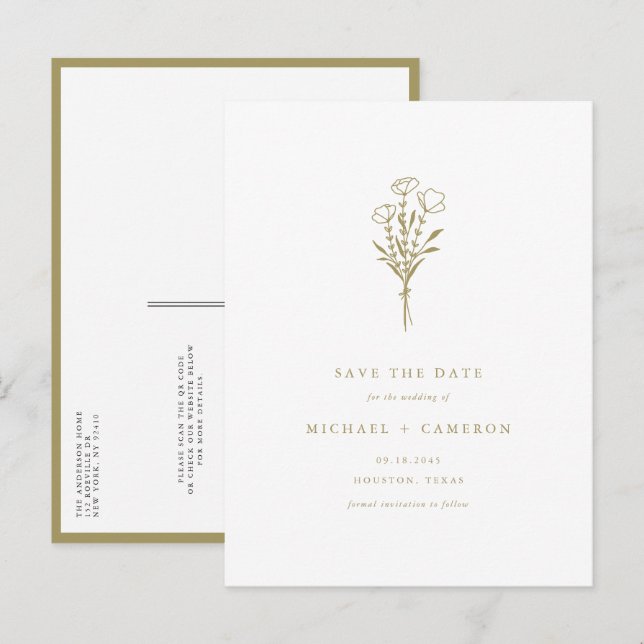 Guld Boho Botaniskt QR-nummer Spara datum Meddelande Vykort (Fram/baksida)