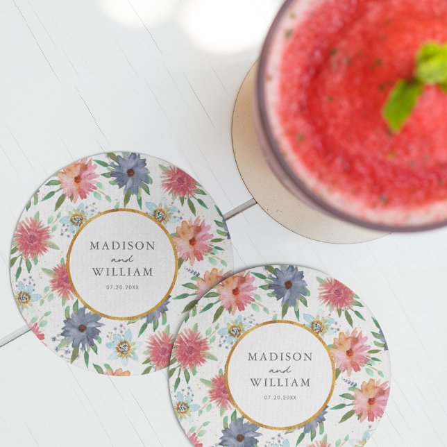 Guld Boho Chic Whimsical Greenery Wildblomma Underlägg Papper Rund (Skapare uppladdad)