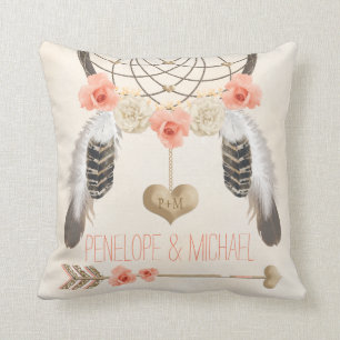 Guld- Boho Dreamcatcher för Monogrammed korall Kudde