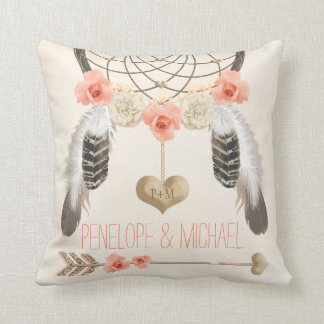 Guld- Boho Dreamcatcher för Monogrammed korall Kudde