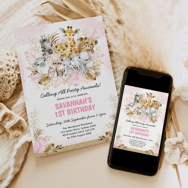  Guld Boho Jungle-Vilden Ett första födelsedag Inbjudningar (Skapare uppladdad)