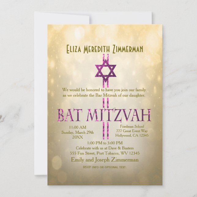 Guld Bokeh | BAT MITZVAH Inbjudningar (Framsida)