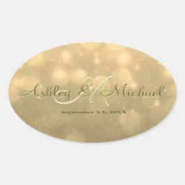 Guld Bokeh | Bröllop Monogram Sticker Ovalt Klistermärke