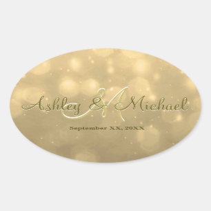 Guld Bokeh Bröllop Monogram Sticker Ovalt Klistermärke