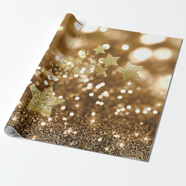 Guld- Bokeh Fauxglitter & stjärnor Presentpapper (Utrullad)