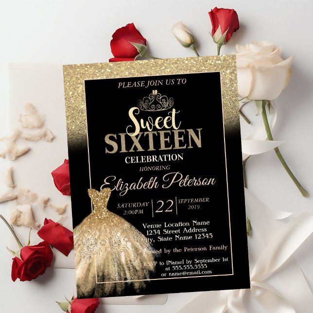 Guld bokeh Ombre,Tiara,Dress Sweet 16 Inbjudningar (Skapare uppladdad)