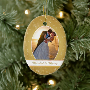 Guld Bokeh Star Ram Första jul Bröllop Julgransprydnad Keramik