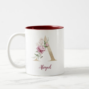 Guld Bokstav A, Monogram A, Rosa Blommig Present T Två-Tonad Mugg