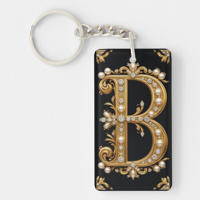 Guld Bokstav B Monogram Med Diamanter och Pärlor (Framsidan)