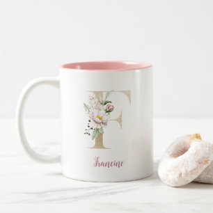 Guld Bokstav F, Monogram F, Rosa Blommig Gåva Till Två-Tonad Mugg
