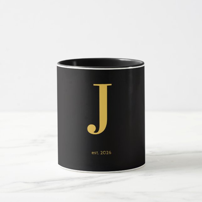 Guld Bokstav J Svart Mugg | Minimalistisk Monogram (Center)