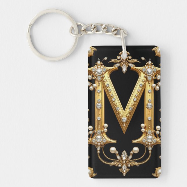 Guld Bokstav M Monogram Med Diamanter och Pärlor (Framsidan)