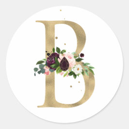 Guld bokstav MONOGRAM boho vinröda blommor   Runt Klistermärke