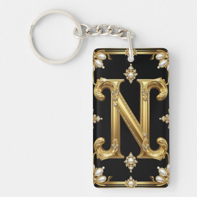 Guld Bokstav N Monogram Med Diamanter Och Pärlor (Framsidan)