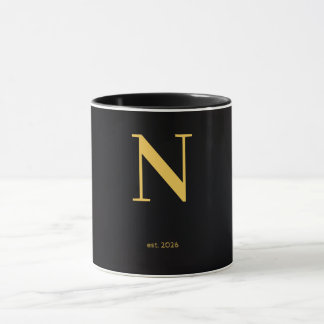Guld Bokstav N Svart Mugg | Minimalistisk Monogra