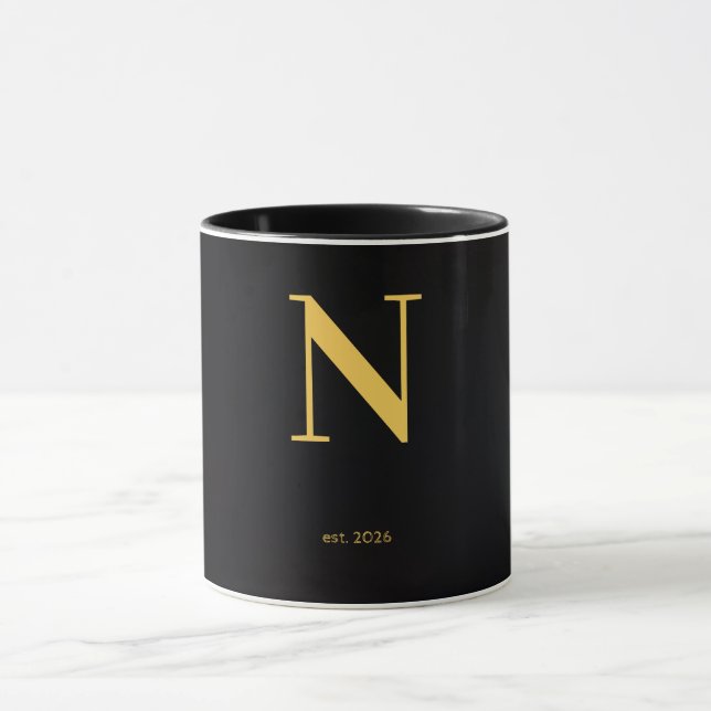 Guld Bokstav  N Svart Mugg | Minimalistisk Monogra (Center)