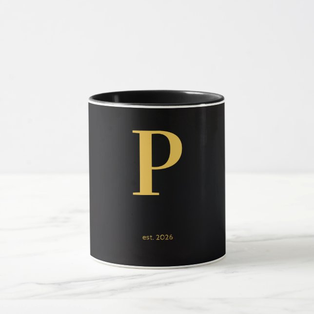 Guld Bokstav P Svart Mugg | Minimalistisk Monogram (Center)