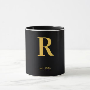 Guld Bokstav R Svart Mugg Minimalistisk Monogram