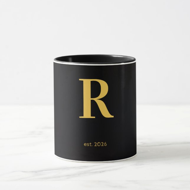 Guld Bokstav R Svart Mugg | Minimalistisk Monogram (Center)