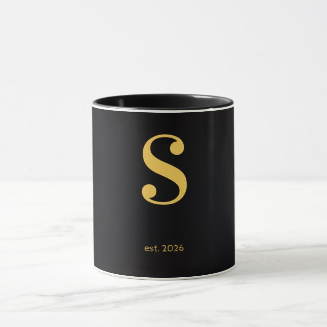 Guld Bokstav S Svart Mugg | Minimalistisk Monogram (Center)