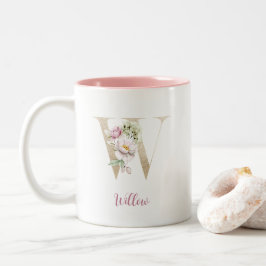 Guld Bokstav W, Monogram W, Rosa Blommig Gåva Till Två-Tonad Mugg