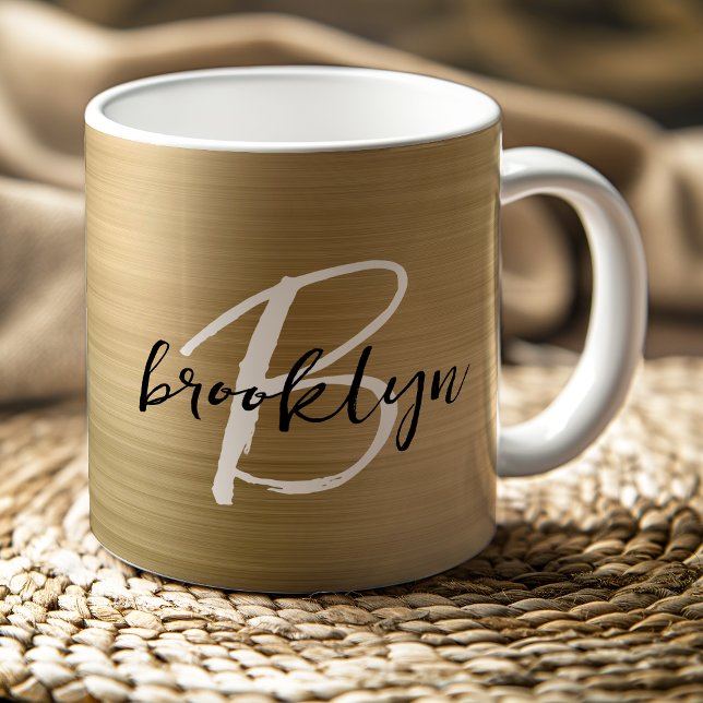 Guld Borstad Metall Svart Vit Skrift Monogram Kaffemugg (Skapare uppladdad)