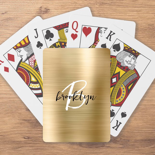 Guld Borstad Metall Svart Vitt Skript Monogram Casinokort (Skapare uppladdad)