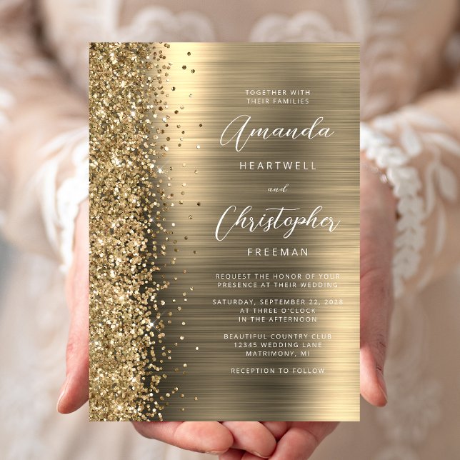 Guld Borstat Metall Glitter Bröllopsskrift Inbjudningar (Skapare uppladdad)