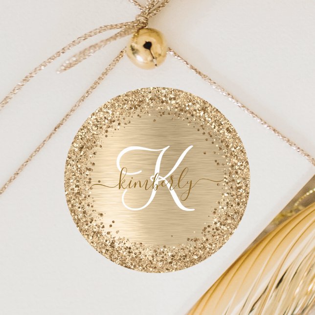 Guld Borstat Metall Glitter Monogram Namn Runt Klistermärke (Skapare uppladdad)