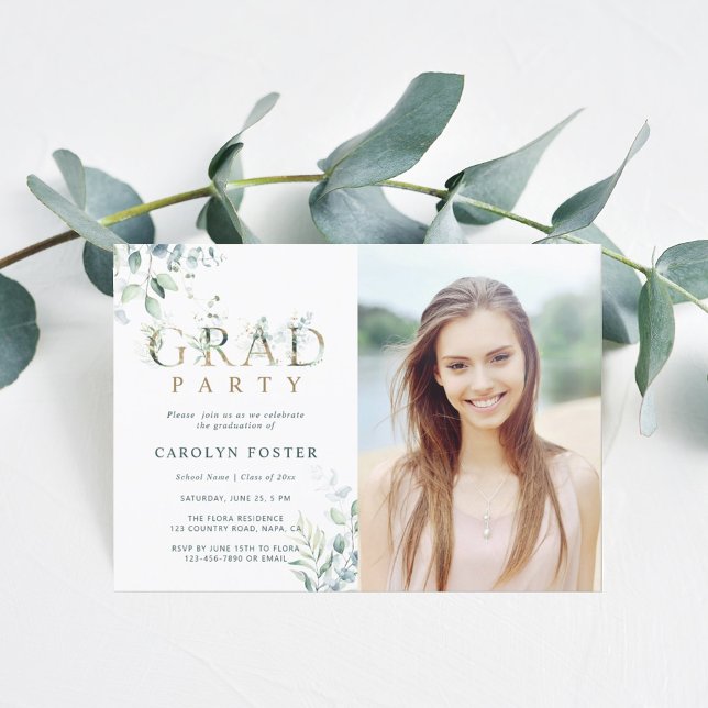 Guld Botanical Brev Studentfest Photo Inbjudningar (Skapare uppladdad)