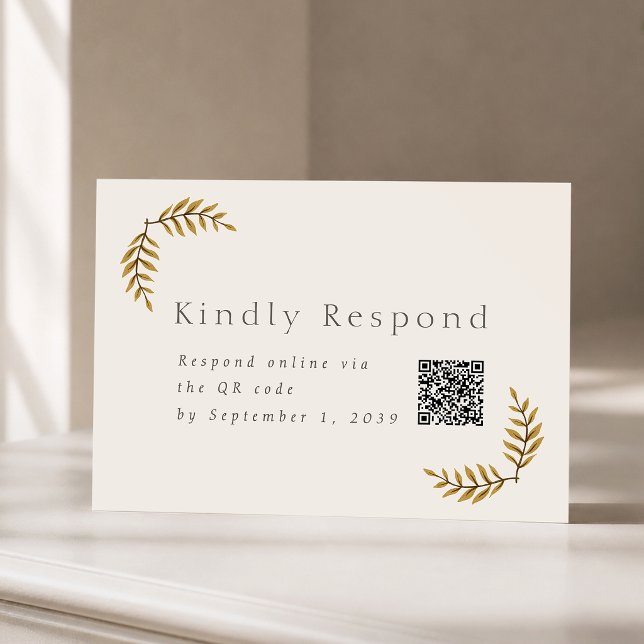 Guld Botanisk Bröllops-Svarskort med QR-kod Inbjudningar (Skapare uppladdad)