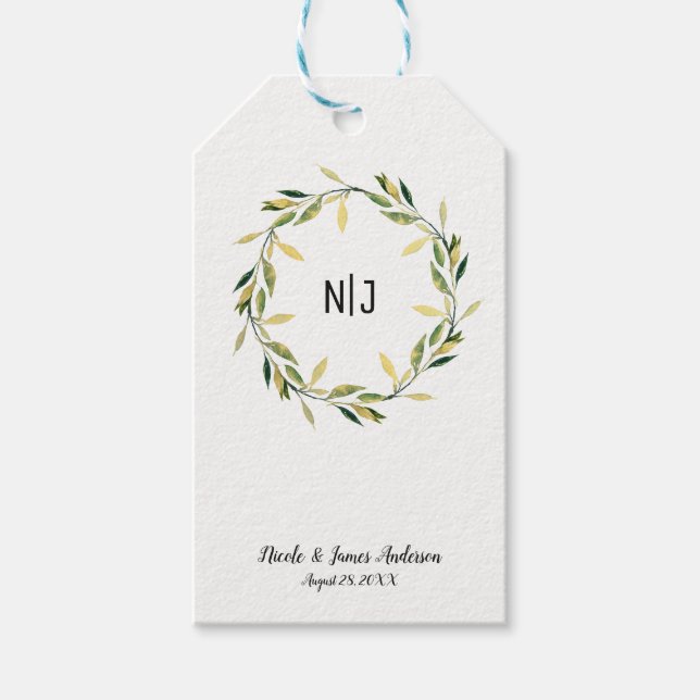 Guld Botanisk Grön Bladkrans Rustik Bröllop Presentetikett (Framsidan)