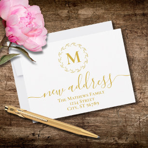 Guld Botanisk Monogram Ny Adress Meddelande