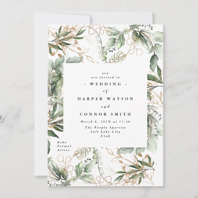 Guld botaniska Eucalyptus Elegant Greenery Fall Inbjudningar (Framsida)