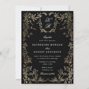 Guld botaniska Monogram Inbjudningar