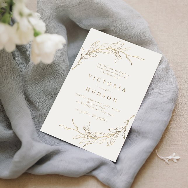 Guld, botaniskt utandningsvätska, bröllop inbjudningar (Gold simple botanical wreath rustic wedding invitation)