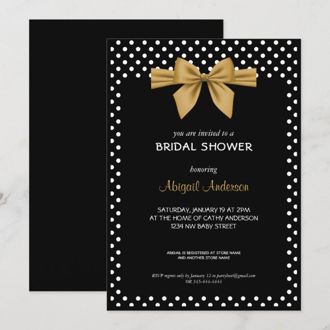 Guld Bow Black and White Polka dots Möhippa Inbjudningar (Fram/baksida)