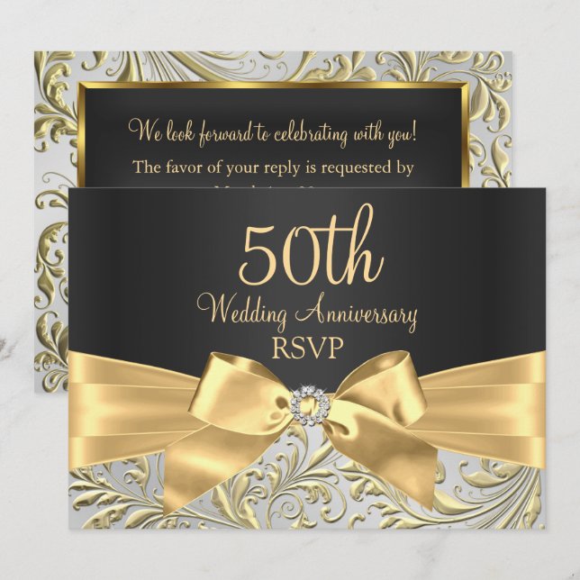 Guld Bow & Blommig Virvel 50-årsjubileum RSVP Inbjudningar (Fram/baksida)